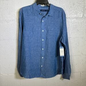 Nautica Men's Classic-Fit Button-up Solid Linen Shirt Blue medium $90